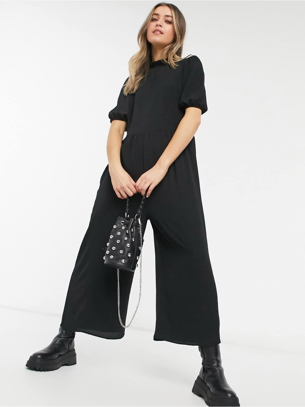 ASOS DESIGN Frill-Neck Smock Jumpsuit in Black Size US 4 LIKE NEW